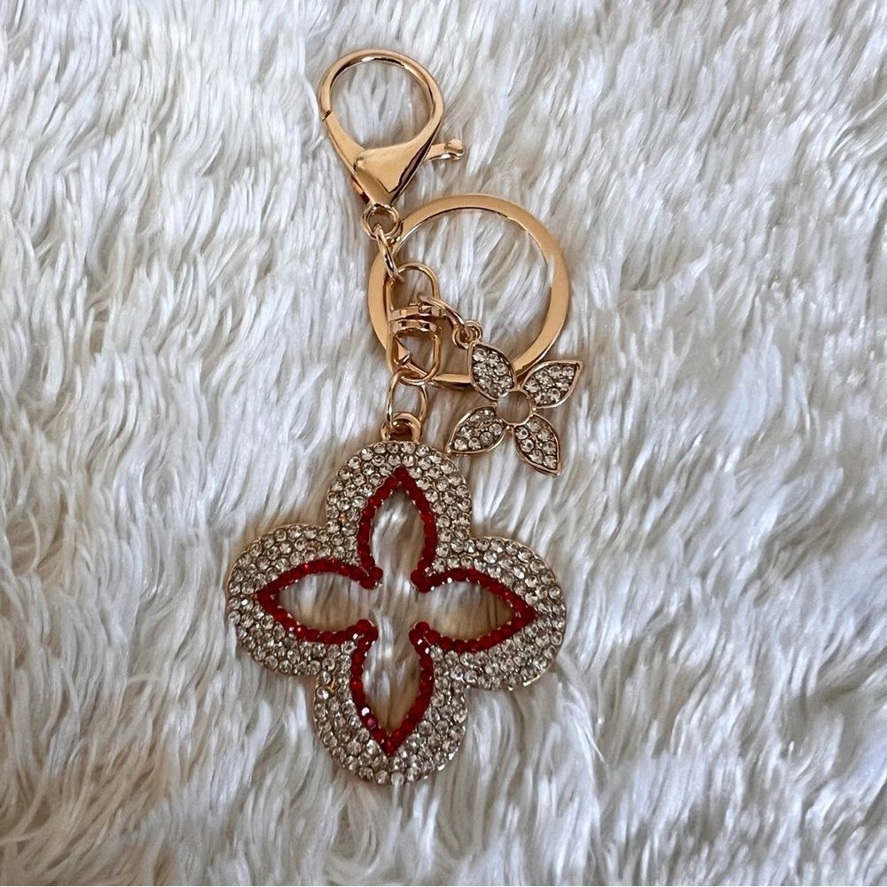 Elegant Gold and Red Floral Keychain Bag Charm NEW